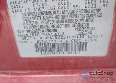 2020 Nissan Versa Sv Xtronic Cvt из США, поврежденный, VIN 3N1CN8EV1LL804500